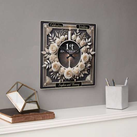 Elegant eerste 1e Jubileum met bloemen Vierkante Klok (Kantoor)