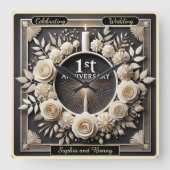Elegant eerste 1e Jubileum met bloemen Vierkante Klok (Voorkant)