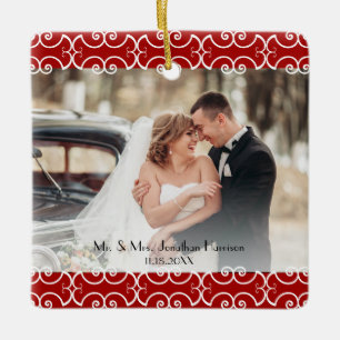 Elegant Eerste Kerstfeest Getrouwd Rode Foto Wedde Keramisch Ornament