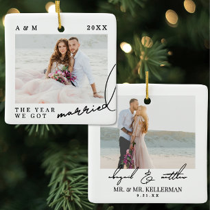 Elegant Eerste Kerstmis Getrouwd Foto Keramisch Ornament