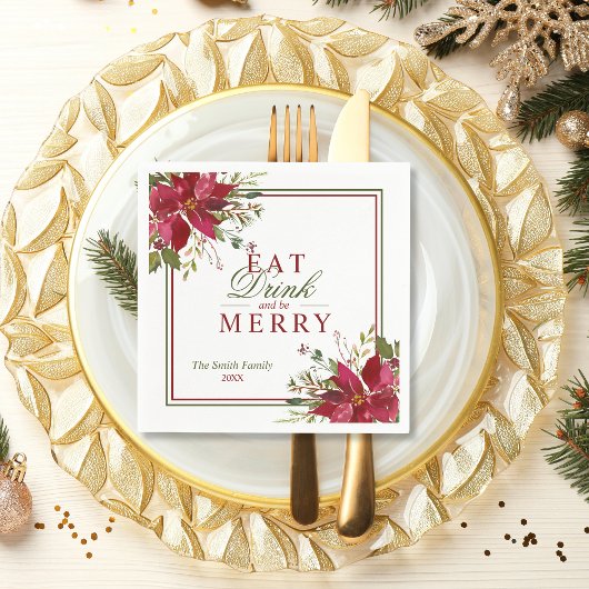 Elegant Eet Drink Vrolijk Kerstmis Rode Poinsettia Servet