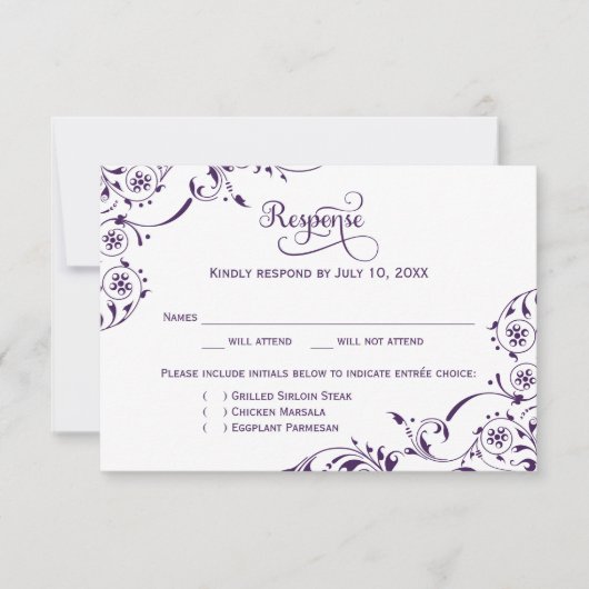 Elegant Eggplant Paarse Scrolls Wedding RSVP Kaartje (Voorkant)