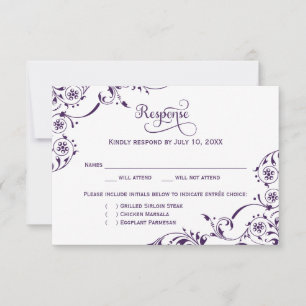 Elegant Eggplant Paarse Scrolls Wedding RSVP Kaartje