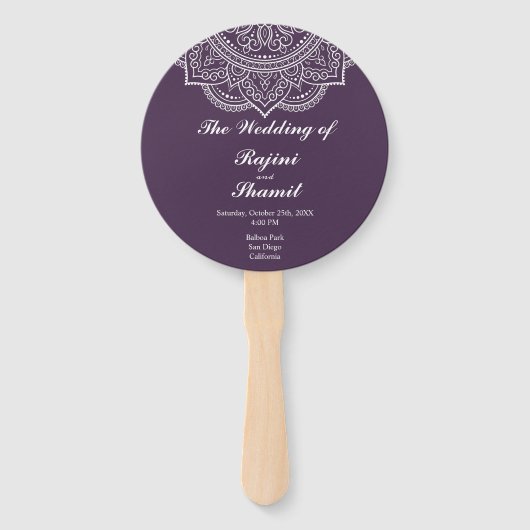 Elegant Eggplant Paisley Indian Wedding Programme Handwaaier (Voorkant)