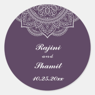 Elegant Eggplant White Indian Paisley Wedding Ronde Sticker