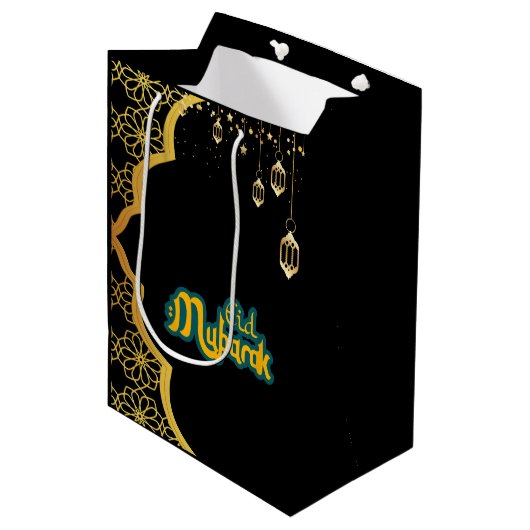 Elegant Eid Mubarak Black Gold Medium Cadeauzakje (Voorkant Gekanteld)