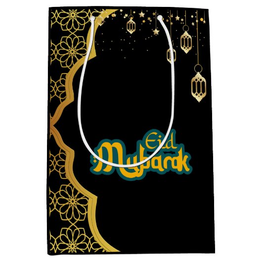 Elegant Eid Mubarak Black Gold Medium Cadeauzakje (Voorkant)