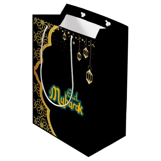 Elegant Eid Mubarak Black Gold Medium Cadeauzakje (Achterkant Gekanteld)