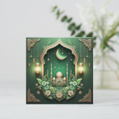 Elegant Eid Mubarak Crescent Moskee Bloemengroen Feestdagenkaart (Staand voorkant)