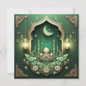 Elegant Eid Mubarak Crescent Moskee Bloemengroen Feestdagenkaart (Voorkant)
