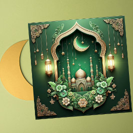Elegant Eid Mubarak Crescent Moskee Bloemengroen Feestdagenkaart