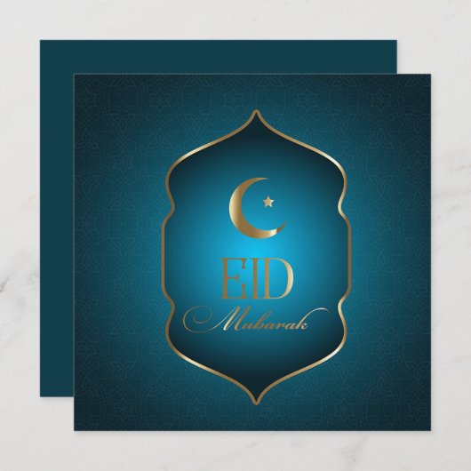 Elegant Eid Mubarak Crescent Star Gold Lijst Blauw Feestdagenkaart (Voorkant / Achterkant)
