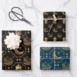 Elegant Eid Mubarak Kalligrafie goud zwart blauw Inpakpapier Vel