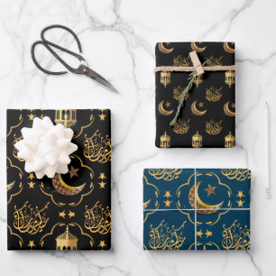 Elegant Eid Mubarak Kalligrafie goud zwart blauw Inpakpapier Vel