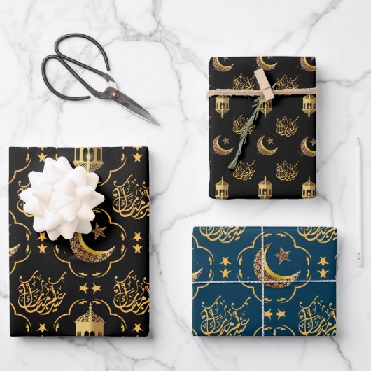 Elegant Eid Mubarak Kalligrafie goud zwart blauw Inpakpapier Vel (Voorkant)