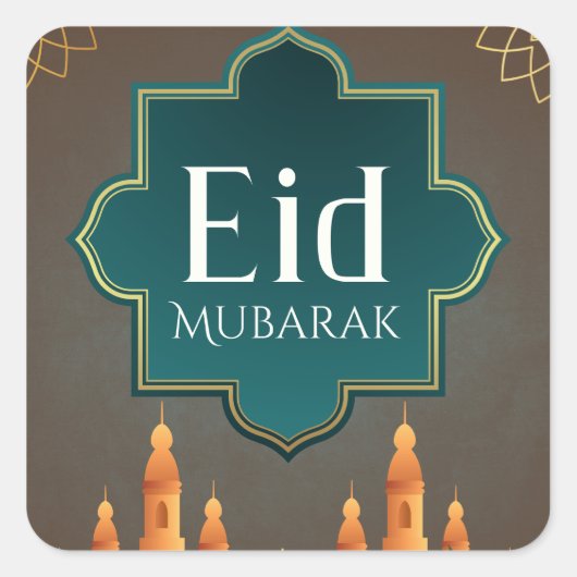 Elegant Eid Mubarak Mosque Skyline Art Vierkante Sticker (Voorkant)