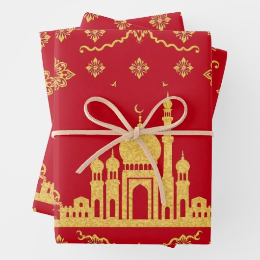 Elegant Eid Wrapping Papier – Rood en Goud Inpakpapier Vel (In situ)