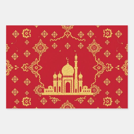 Elegant Eid Wrapping Papier – Rood en Goud Inpakpapier Vel (Voorkant)