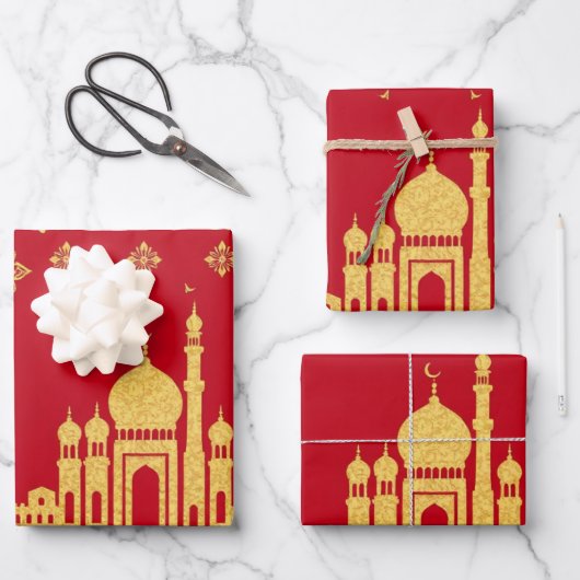 Elegant Eid Wrapping Papier – Rood en Goud Inpakpapier Vel (Voorkant)