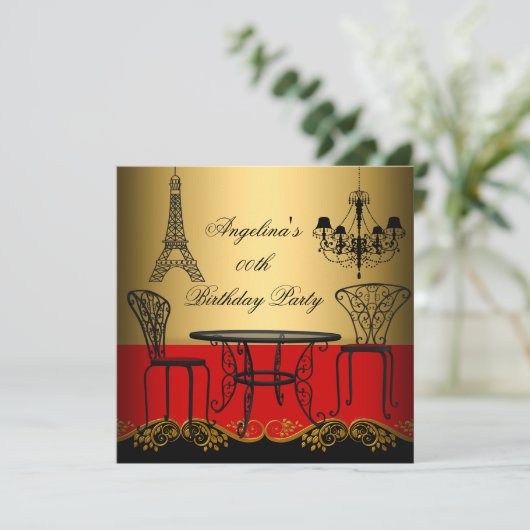 Elegant Eiffel Tower Red Gold Paris geboortedag Kaart (Staand voorkant)