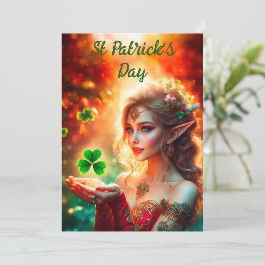 Elegant elf meisje St Patrick's Day bloemenzon Feestdagenkaart (Staand voorkant)