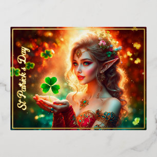 Elegant elf meisje St Patrick's Day bloemenzon Folie Feestdagen Briefkaart