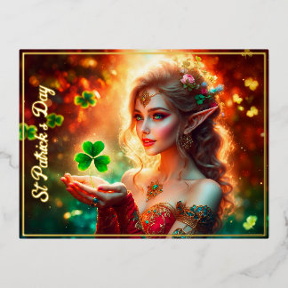 Elegant elf meisje St Patrick's Day bloemenzon Folie Feestdagen Briefkaart