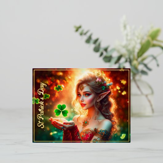 Elegant elf meisje St Patrick's Day bloemenzon Folie Feestdagen Briefkaart (Staand Voorkant)