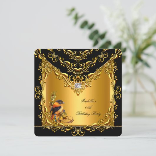 Elegant Elite Bird Black Gold Birthday Party Kaart (Staand voorkant)