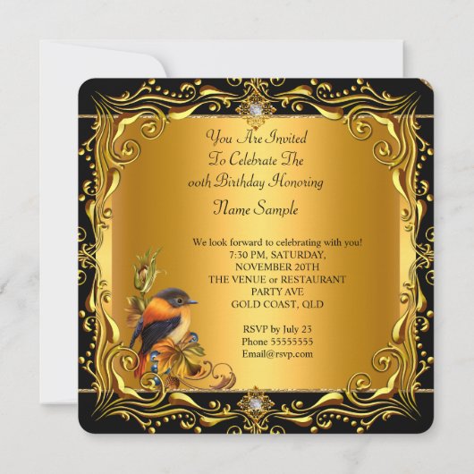 Elegant Elite Bird Black Gold Birthday Party Kaart (Achterkant)