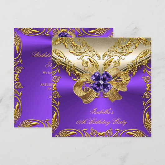 Elegant Elite Paars Floral Gold Birthday Party 2 Kaart (Voorkant / Achterkant)