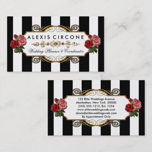 Elegant Elite Stripes |Gold Floral Wedding Planner Visitekaartje (Voorkant / Achterkant)