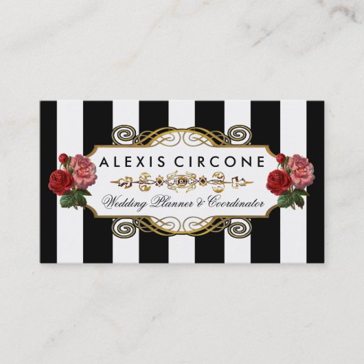 Elegant Elite Stripes |Gold Floral Wedding Planner Visitekaartje (Voorkant)