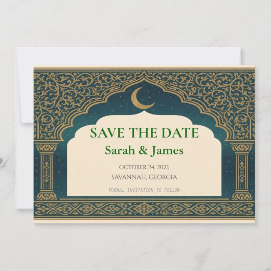 Elegant Emerald and Gold Arch Save the Date  (Voorkant)