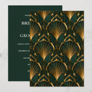 Elegant Emerald and Gold Art Deco Wedding Kaart
