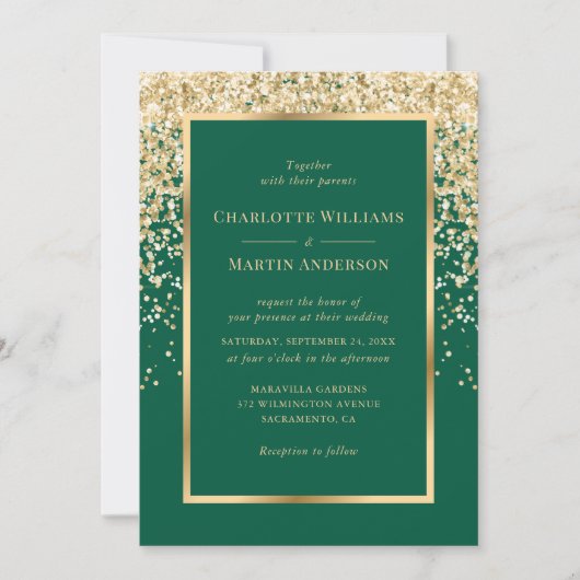 Elegant Emerald and Gold Confetti Wedding Kaart (Voorkant)