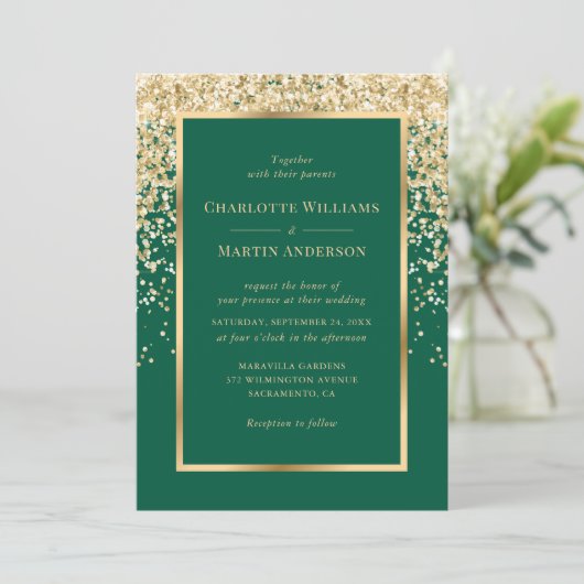 Elegant Emerald and Gold Confetti Wedding Kaart (Staand voorkant)