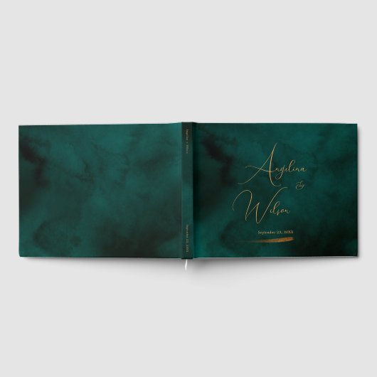 Elegant Emerald and Gold Script Wedding Gastenboek (Volledig)