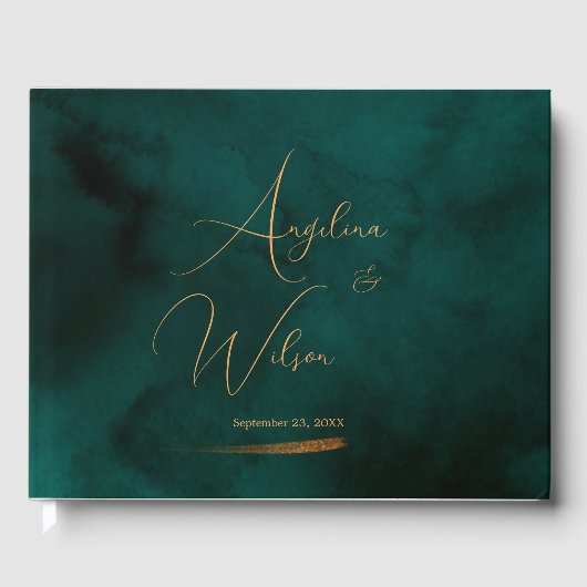Elegant Emerald and Gold Script Wedding Gastenboek (Voorkant)