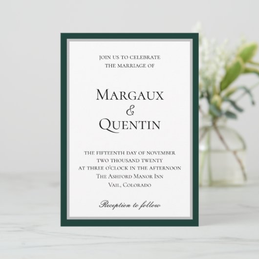 Elegant Emerald and Silver Wedding Invitation Kaart (Staand voorkant)