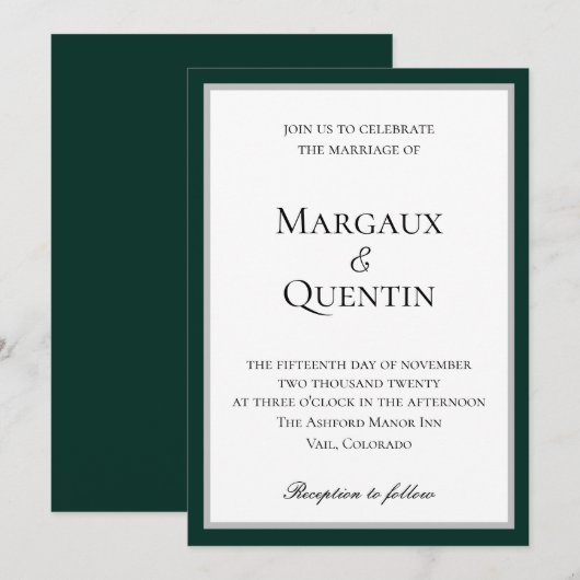 Elegant Emerald and Silver Wedding Invitation Kaart (Voorkant / Achterkant)