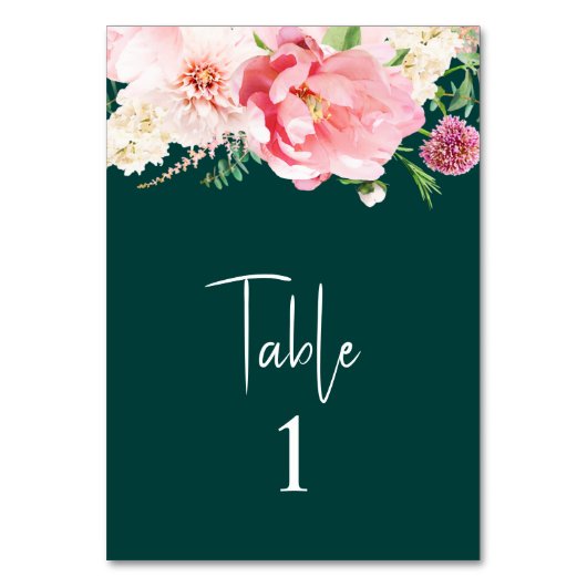 Elegant Emerald Blush Pink Floral Dark Moody Table Kaart (Voorkant)