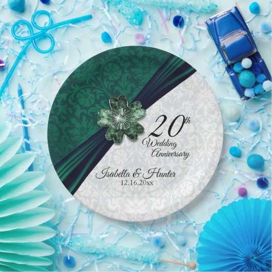 Elegant Emerald Damask 20e Jubileum Papieren Bordje (Feest)