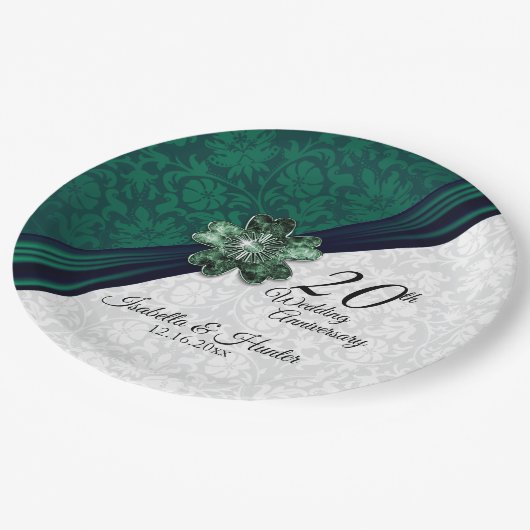 Elegant Emerald Damask 20e Jubileum Papieren Bordje (Gekanteld)