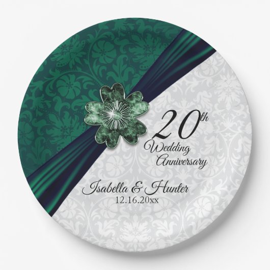Elegant Emerald Damask 20e Jubileum Papieren Bordje (Voorkant)