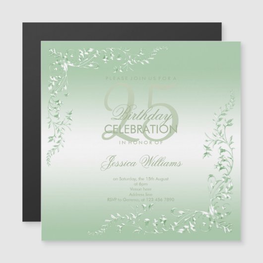 Elegant Emerald Decoration 25th Birthday Magnetische Uitnodiging (Voorkant / Achterkant)