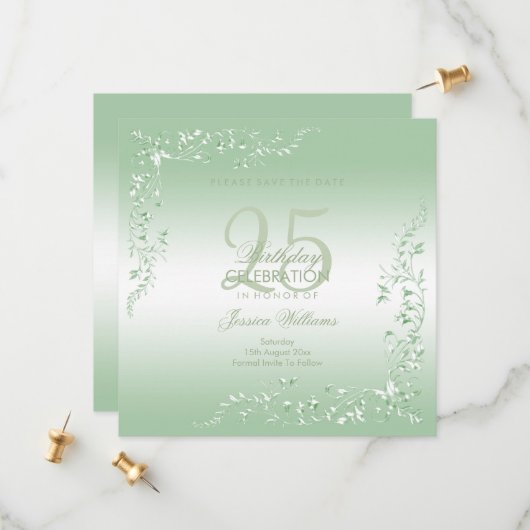 Elegant Emerald Decoration 25th Birthday Save The Date (Voorkant / Achterkant in situ)