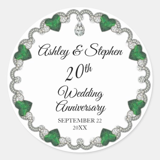 Elegant Emerald Diamonds 20th Wedding Jubileum Ronde Sticker (Voorkant)