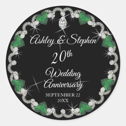 Elegant Emerald Diamonds 20th Wedding Jubileum Ronde Sticker (Voorkant)
