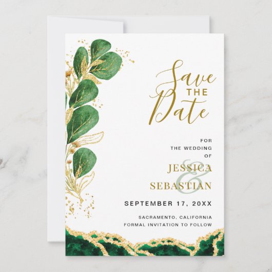 Elegant Emerald en Gold Agate Eucalyptus Wedding Save The Date (Voorkant)